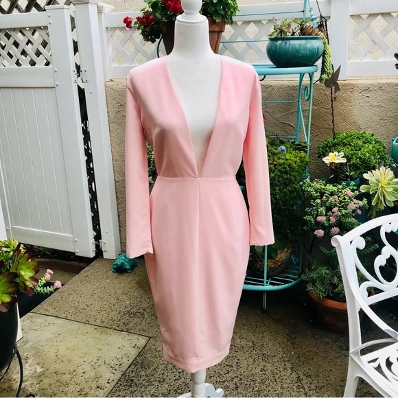 House Of CB Dominique Pink Deep Plunge Bodycon MIDI Dress Medium - Picture 4 of 16